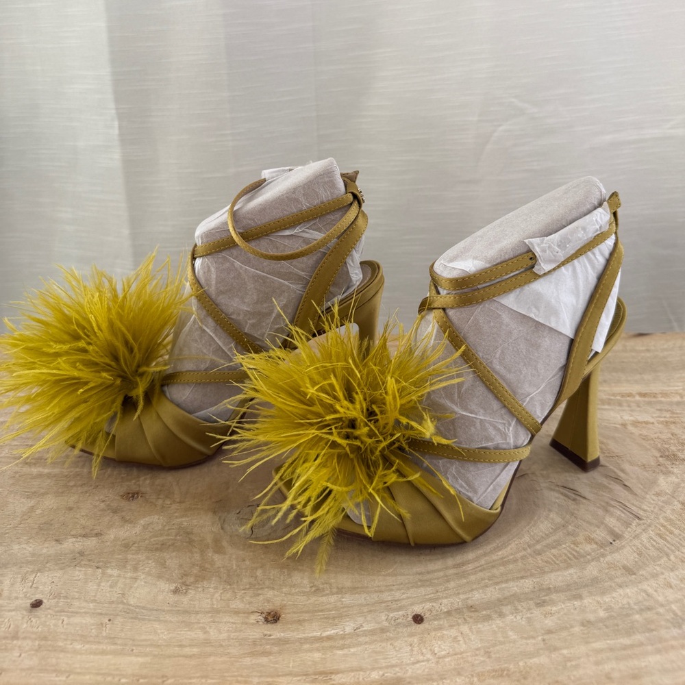 Sam Edelman Layton Feather Strappy Heels Dark Pear Statement Sandals NWT Size 5 - Picture 11 of 15